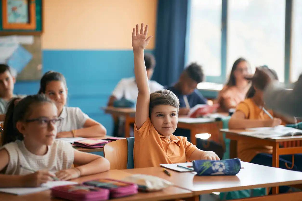 Schüler meldet sich im Klassenzimmer