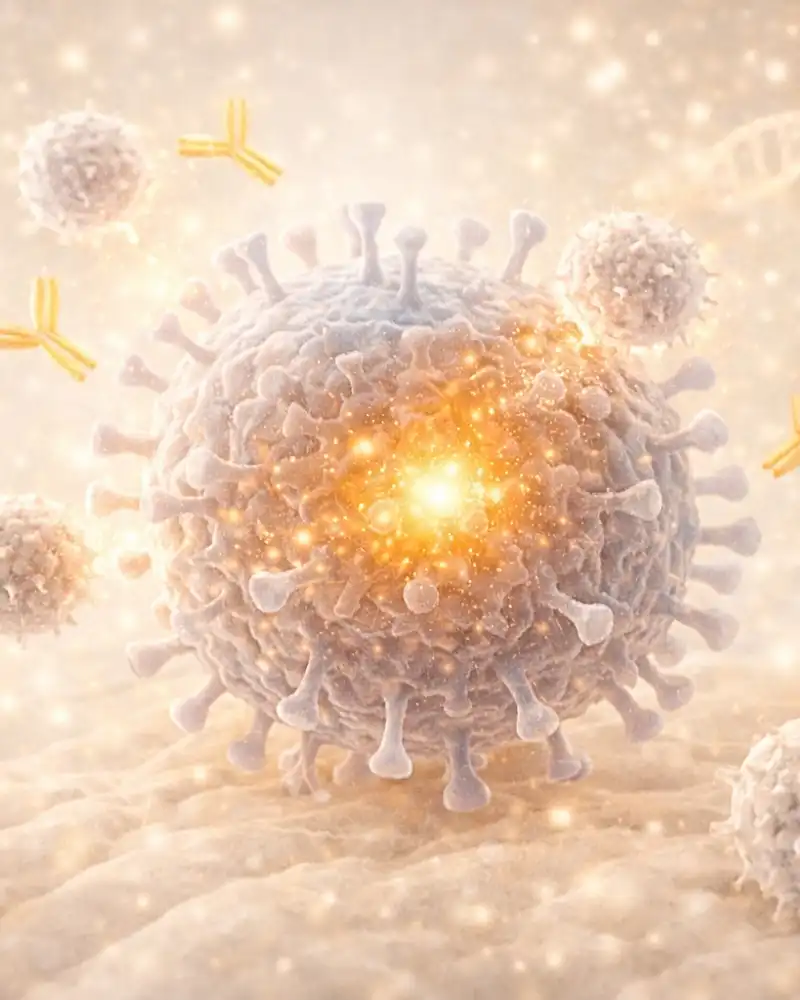 Antikörper greifen Viruspartikel mit leuchtendem Kern an