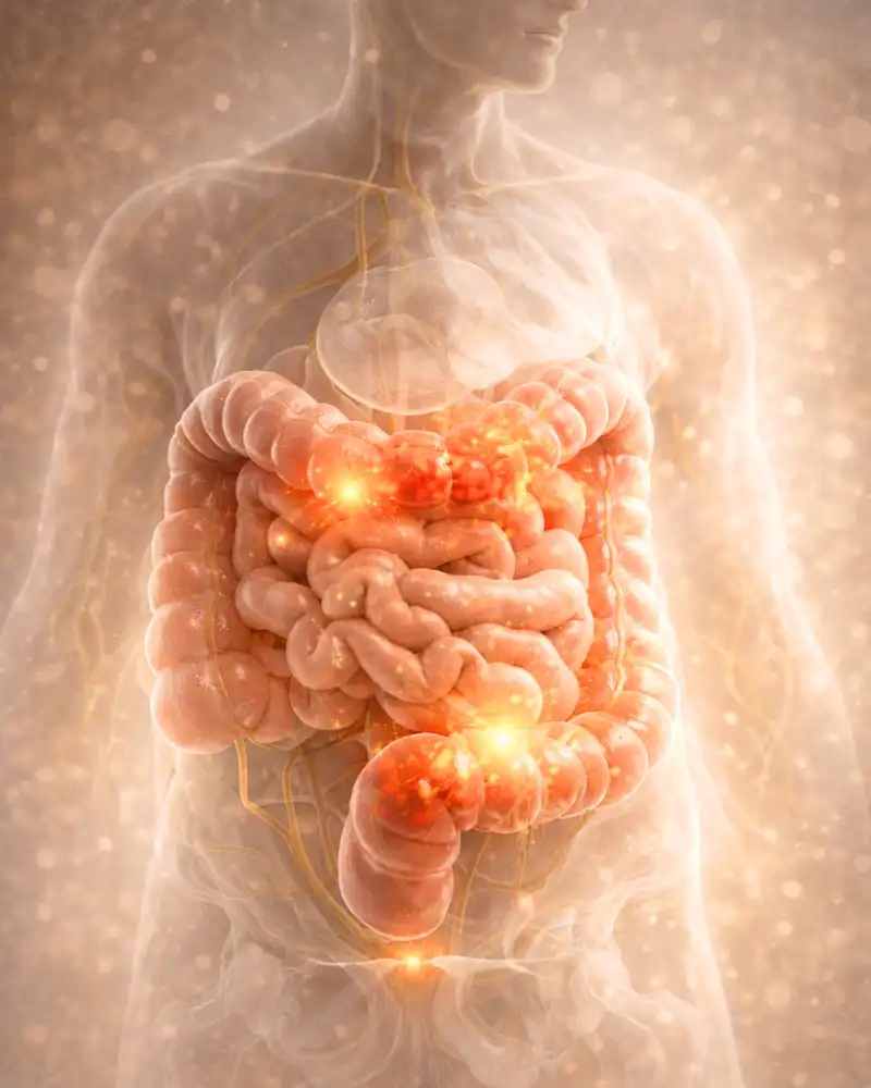 Illustration menschlicher Darm mit entzündeten Bereichen