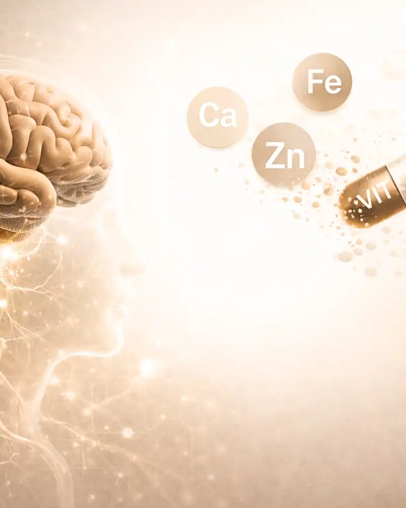 Gehirn mit Vitamin- und Mineralstoffsymbolen