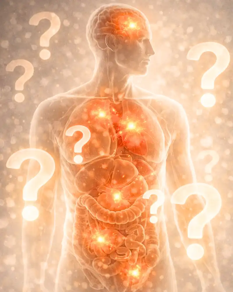 Leuchtende Organe im menschlichen Körper mit Fragezeichen